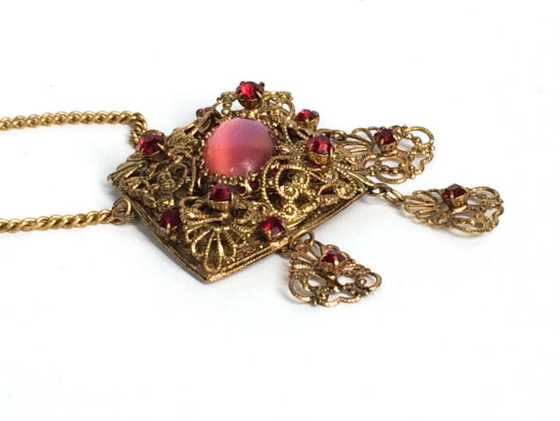 Czech Necklace with Pink Moon Stone Art Glass Unique Vintage Gift