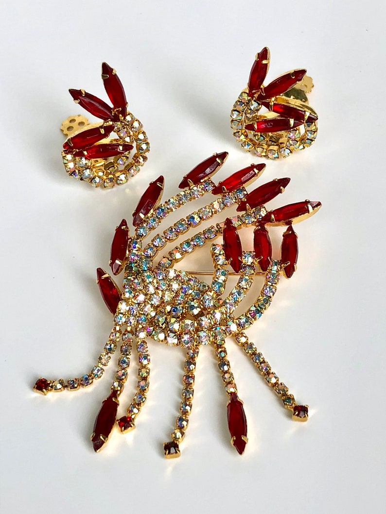 AB and Red Rhinestone Brooch and Earrings Unique Vintage Gift