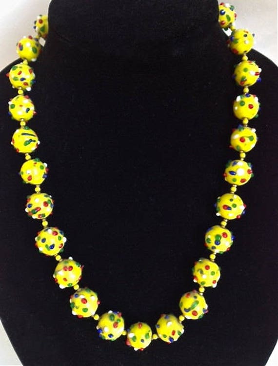 Glass Necklace Confetti Beads Yellow Unique Vinta… - image 2