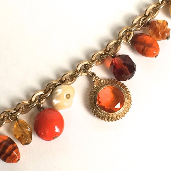 Vintage Charm Bracelet Orange Glass MOP Shell Unique Vintage Gift