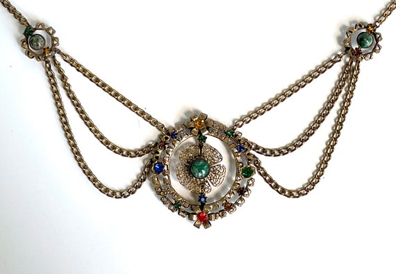 Vintage Necklace Czech Festoon Multi Color Stones - image 1