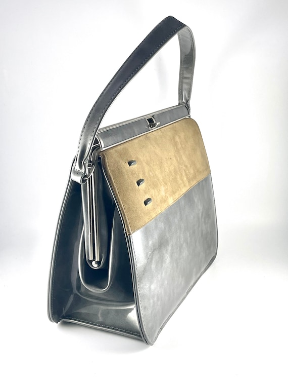Vintage Purse MOD Handbag Grey Olive Green Unique… - image 4