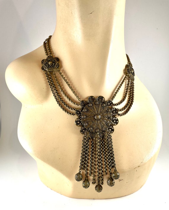 Vintage Necklace Brass Festoon Fringe Gem
