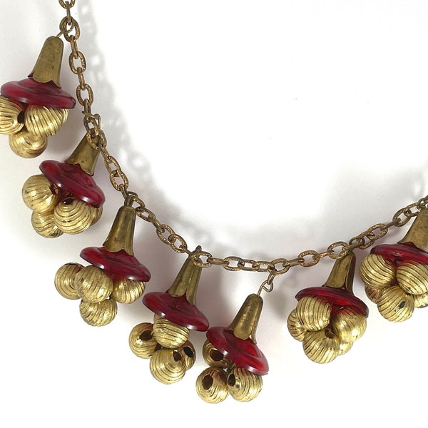 Vintage Necklace Brass Necklace Red Plastic Bells