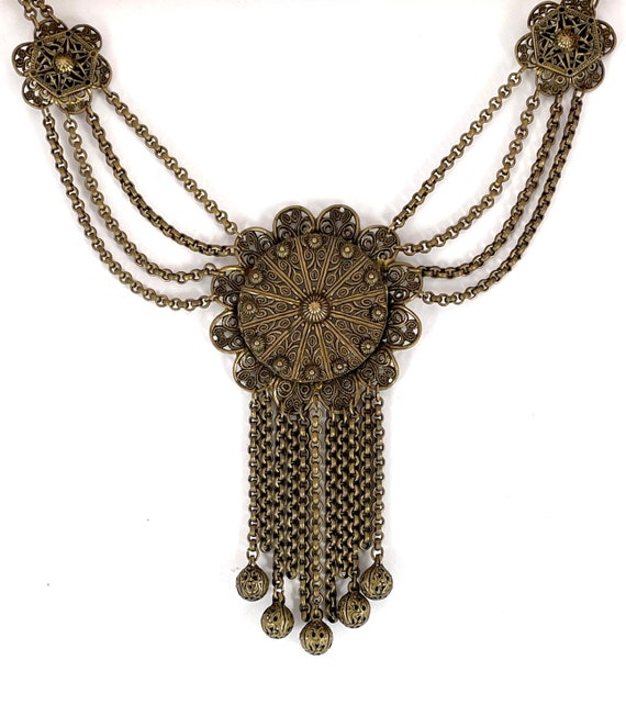 Vintage Necklace Brass Festoon Fringe Gem