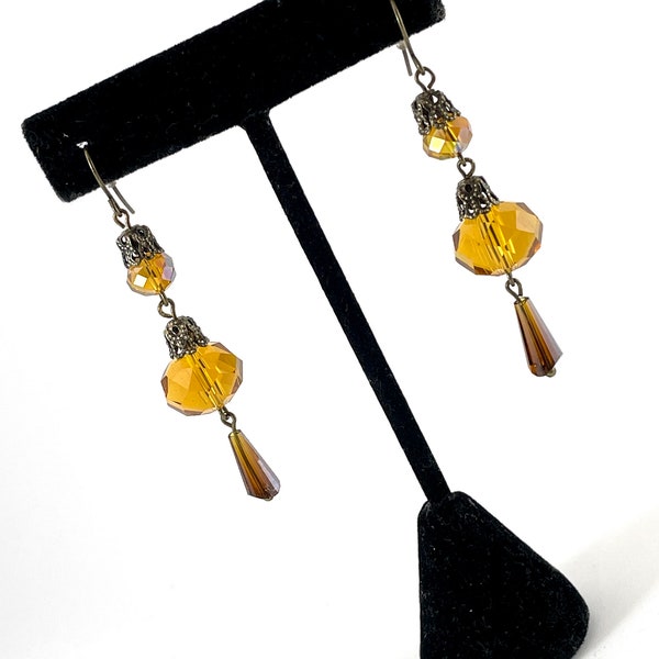 Vintage Yellow Crystal Earrings Dangle Drop