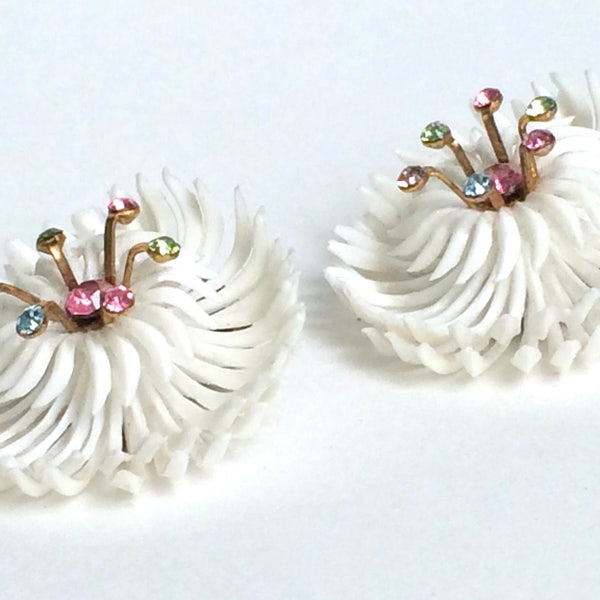 Flower Earrings Rhinestones White Mod Unique Vintage Gift Mothers Day Gift