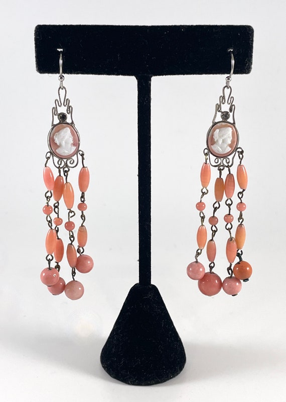 Vintage Earrings Cameo Chandelier Coral Glass