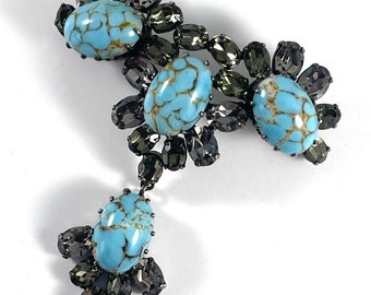 Vintage Brooch Austrian Crystal Glass Turquoise