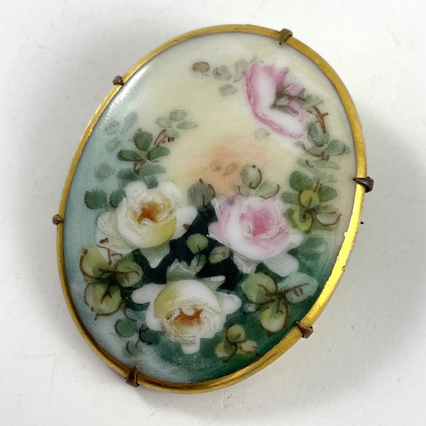 Vintage Brooch French Porcelain Victorian Floral Brooch