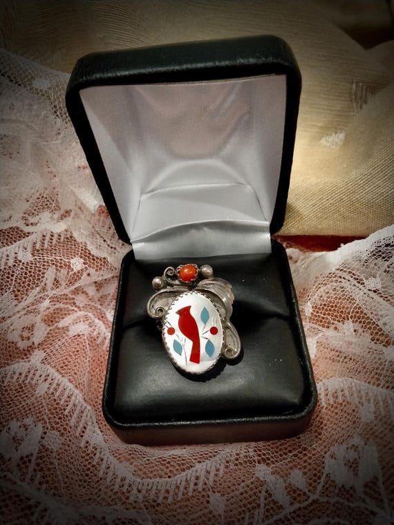 Unsigned Native American Cardinal Bird, Coral Ring - image 1