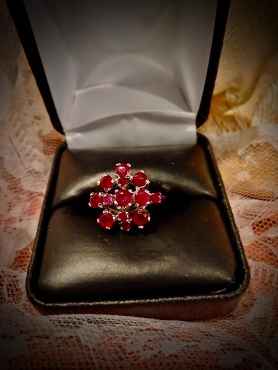 Ruby Cluster Ring, Sterling Silver, Unmarked - image 1