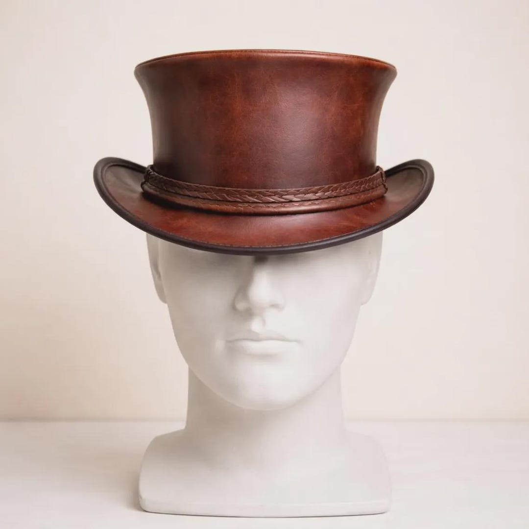 Handmade Rustic Brown Leather Top Hat Braided Band Vintage Gothic ...