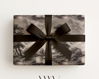 Vintage Landscape Toile Wrapping Paper: Neutral Rustic Scenic Gift Wrap, Farmhouse Preseant Packaging, Anniversary Gifts For Him