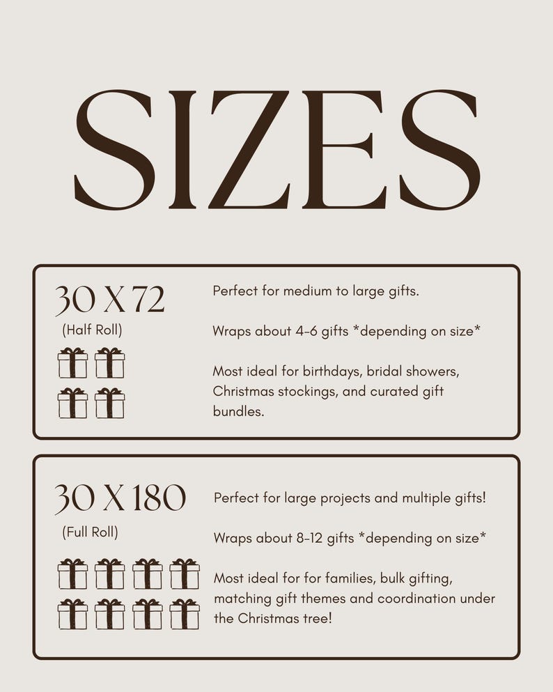 Puede incluir: Una tabla informativa titulada SIZES con texto marr&oacute;n oscuro sobre un fondo claro. Enumera dos opciones: 30 X 72 (Half Roll) para 4-6 regalos y 30 X 180 (Full Roll) para 8-12 regalos, acompa&ntilde;adas de iconos de cajas de regalo y texto.