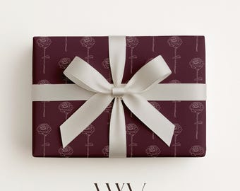 Burgundy Rose Gift Wrap: Christmas Botanical Wrapping Paper, Timeless French Country Packaging