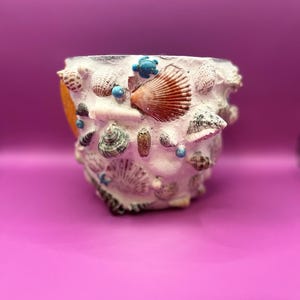 May include: A white, cylindrical plant pot decorated with a variety of seashells, small blue beads, and a few small blue turtle figurines. The seashells are in shades of brown, white, and grey. The pot is set against a bright pink background.