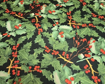 Christmas Holly Berry Cotton Fabric | Botanical Holiday Textile
