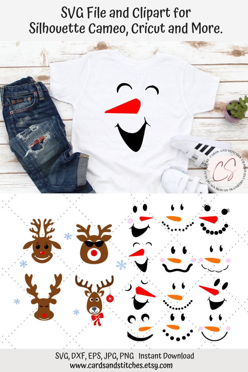 Dxf Jpg Eps Reindeer and Snowman Faces SVG Bundle Christmas Clipart Great for Cricut and Silhouette Machines Svg File Png