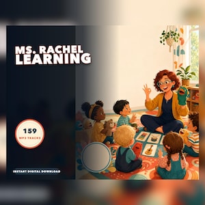 May include: A digital download featuring the text MS. RACHEL LEARNING and 159 MP3 TRACKS. The illustration shows a person with curly hair and glasses wearing a yellow cardigan, using a green puppet to teach a group of children sitting on a rug.