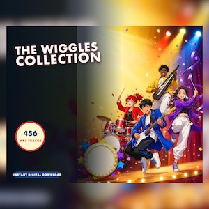 Peut inclure: Un graphique numérique intitulé THE WIGGLES COLLECTION montrant un groupe de cinq musiciens sur scène avec une batterie, un keytar et une guitare. Un badge circulaire indique 456 MP3 TRACKS et le texte INSTANT DIGITAL DOWNLOAD est visible.
