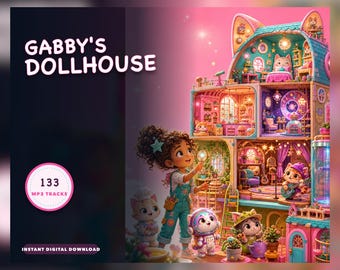 May include: A digital graphic featuring the text GABBY'S DOLLHOUSE and 133 MP3 TRACKS. The image displays a multi-level, cat-shaped dollhouse with various rooms, a character with curly hair, and several small cat figures in a colourful, vibrant setting.