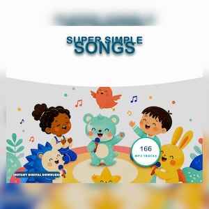 Puede incluir: Un gráfico digital titulado SUPER SIMPLE SONGS que muestra un grupo de personajes de dibujos animados, incluyendo un oso, un erizo, un conejo y dos niños cantando con micrófonos. Una insignia circular muestra 166 MP3 TRACKS.