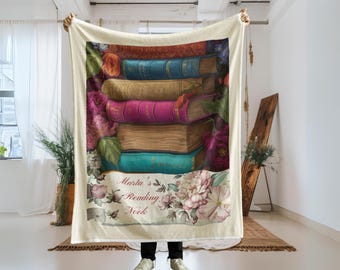 Personalized Bookish Blanket With Floral Stacked Books , Custom Name Library Throw , Book Lover Gift For Reader Cozy Reading Decor For Home