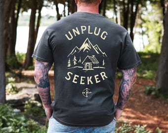 Unplug Seeker Shirt Camping Gift for Him Cabin Core Tee | Men's Adventure Tee National Park Style | Hiking Nature Lover Gift | Outdoorsy Dad