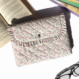 Floral Quilted Sleeve with Ruffled Flap & Snap, Handmade Cottagecore Reader Gift