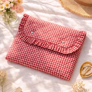 Handmade Gingham Laptop Sleeve with Ruffles, Quilted Cotton iPad Case