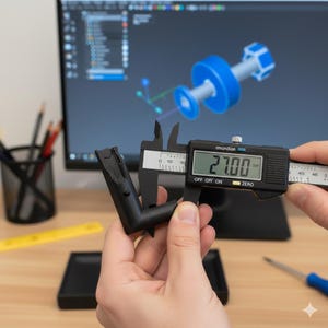 May include: A black digital caliper measuring a black L-shaped object. The digital display reads 27.00. A 3D model of a blue and white object is visible on a computer screen in the background. The caliper is measuring the object in inches.