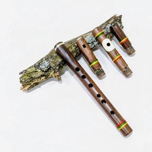 Op de afbeelding: Vier houten fluiten van verschillende formaten, gerangschikt op een stuk schors tegen een witte achtergrond. De fluiten zijn donkerbruin met kleurrijke banden van rood, geel en groen. Eén fluit heeft een wit cirkelvormig stuk.