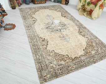 5x8 vintagematta, antik turkisk matta, handgjord Oushak-matta 5x8, anatolisk bleknad matta, handknuten presentmatta, boho dämpad matta, 253