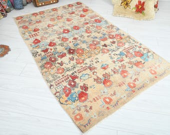100x200 Vintage Teppich, Antiker Türkischer Teppich, Handgefertigter Oushak Teppich 100x200, Anatolischer Verblichener Kleiner Teppich,Handgeknüpfter Geschenkteppich,Boho Muted Rug,635