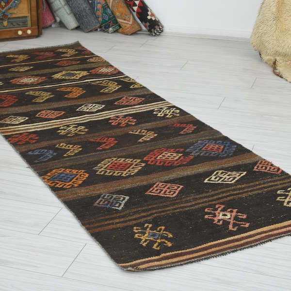 3x8 Vintage Rug, Corridor Turkish Runner, Handmade Oushak Rug Runner 3x8, Kilim Runner Rug, Faded Brown Rug,HandKnotted Gift Rug,339