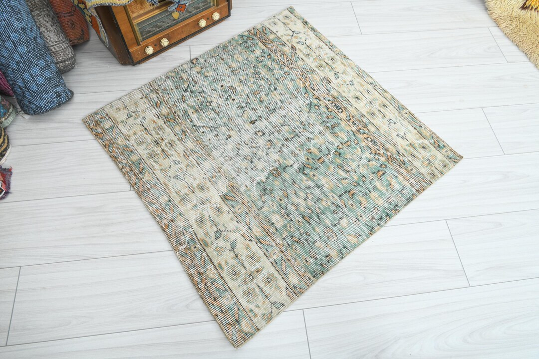 3x3 Vintage Rug, Small Turkish Rug 3x3, Handmade Oushak Mini Rug ...