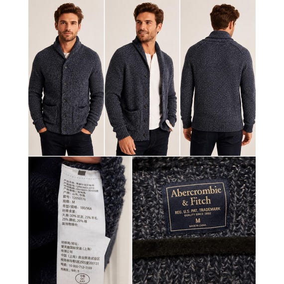 Abercrombie & Fitch Mens Vintage Professor Cardigan Shawl Neck Wool Blend Navy M