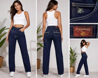 Vintage Choppers High Waisted Straight Leg Jeans Dark Wash Helicopter Logo 32