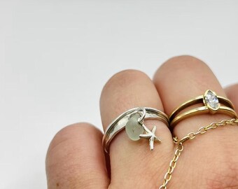 Handmade Sea Glass Charm Ring • Sterling Silver Wave Band, Size 8.5