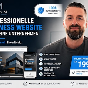 Könnte beinhalten: Werbung für professionelle Business-Websites für kleine Unternehmen. Das Bild zeigt einen Mann, einen Laptop und ein Smartphone, die Website-Designs anzeigen. Der Text enthält "Mobile Responsive", "SEO optimiert" und "100% Zufriedenheitsgarantie."