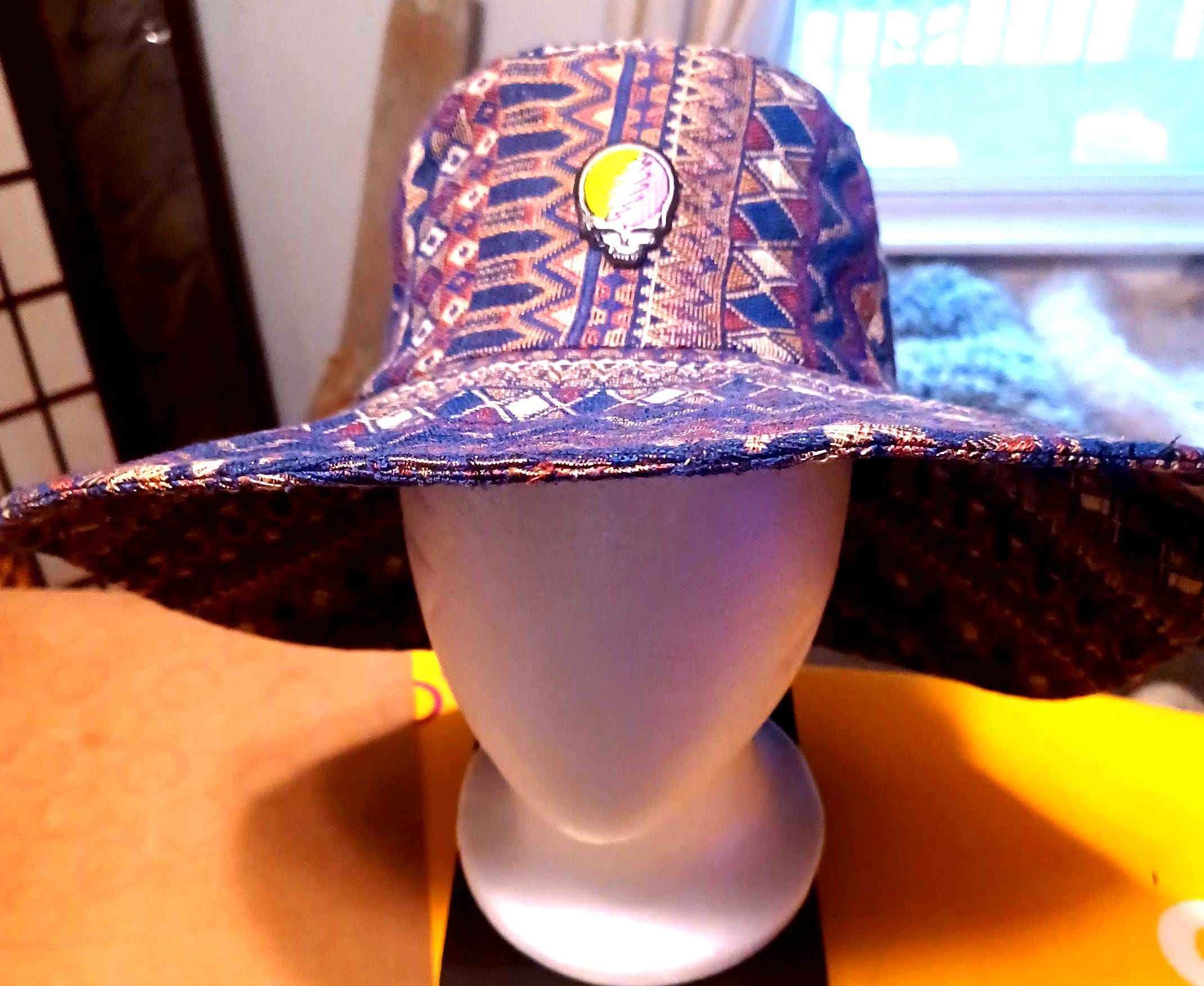 Vivid Purple & Orange Wide-brimmed hat. Orange Tooled Foiled Wide brim Hat with Threading – DCREATIVECO main image 3