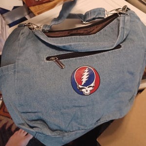Large Light Blue Denim Stealie Crossbody Bag • Upcycled Grateful Dead Inspired Bag • One-of-a-Kind Festival Bag • Psychedelic Nomad Style