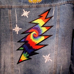 Grateful Dead & Dead and Company Upcycled Jean Jacket |  Tie Dyed Lightning Bolt Festival Jacket | Deadhead One of a Kind Boho Jacket
