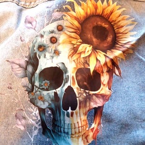 Grateful Dead Upcycled Denim Jacket Size L – Sunshine Daydream Stealie, Sunflower Patches, One of a Kind Festival Jean Jacket