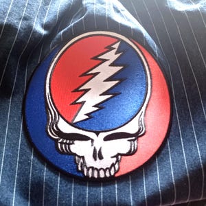Grateful Dead Vintage Pinstripe Denim Shirt – Steal Your Face Back Patch, Dancing Bear Detail, Vintage Upcycled Deadhead Button Down