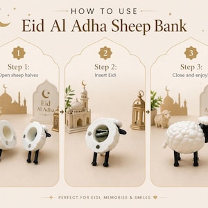 Puede incluir: Una hucha de oveja blanca con patas y orejas negras, diseñada para Eid Al Adha. La imagen muestra los pasos para usar la hucha, con el texto "How to Use Eid Al Adha Sheep Bank".