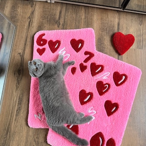 May include: A pink rug with red heart designs and the numbers 6 and 7. A gray cat is lying on the rug. A red heart-shaped pillow is next to the rug. The rug is on a wooden floor.