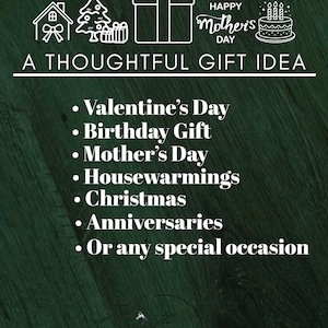 May include: A graphic with white line art illustrations of a house, Christmas tree, gift box, and cake, with the text "Happy Mother's Day" and "A Thoughtful Gift Idea." Lists occasions like Valentine's Day, birthdays, and Christmas.