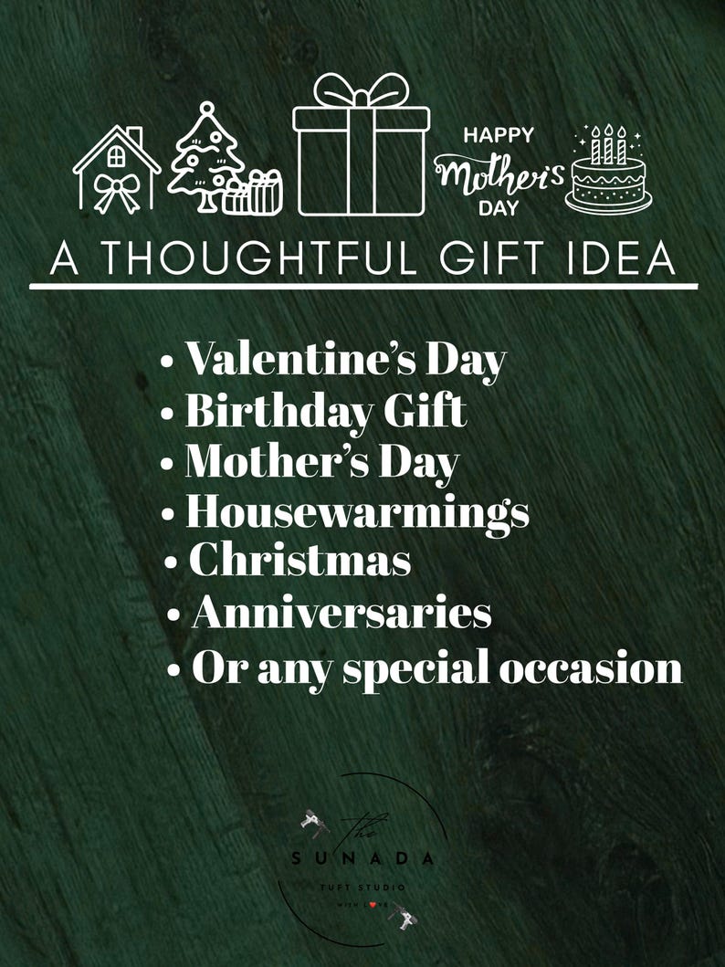 May include: A graphic with white line art illustrations of a house, Christmas tree, gift box, and cake, with the text "Happy Mother's Day" and "A Thoughtful Gift Idea." Lists occasions like Valentine's Day, birthdays, and Christmas.